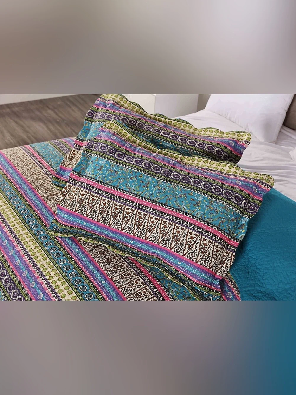 Bohemian Stripe king 3 piece Quilt Set in Turquoise and Purple 100% cotton